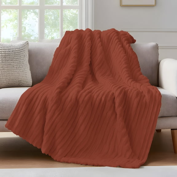 Terracotta Throw Blanket for Couch Rustic Red Solid Background Autumnal Rustic Farmhouse Soft and Warm Flannel 3D Striped Fluffy Fuzzy Fleece Blanket Lightweight Throw for Bed, Sofa 50 x 60 Inches