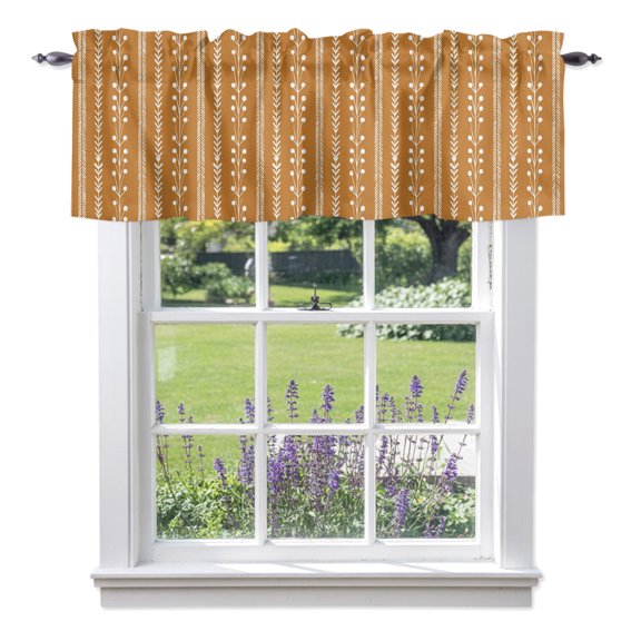Terracotta Valances for Windows, Rustic Vertical Dashed Lines Shabby Chic Leaf Cottagecore Rod Pocket Valance Short Window Treatments Curtains for Kitchen Bathroom Bedroom Decor, 42 x 18 Inches