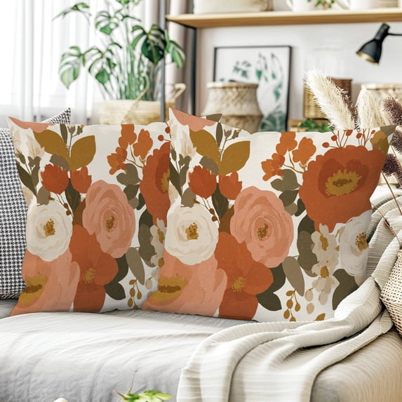 Terracotta Vintage Floral Pillow Covers 18x18 Set of 2, Linen Look Polyester Throw Pillow Covers, Machine Washable Cushion Covers for Sofa Couch Bed Decor, No Inserts