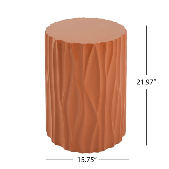 Terracotta Wave Textured MGO Cylindrical Side Table, Pre-Assembled Non-KD Accent End Table, 66 LBS Weight Capacity, Indoor & Outdoor Multi-Use Stool Table for Living Room Patio Balcony