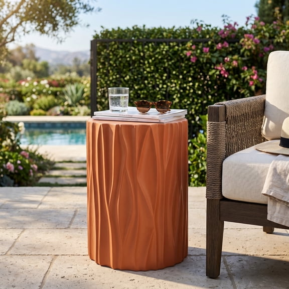 Terracotta Wave Textured MGO Cylindrical Side Table, Pre-Assembled Non-KD Accent End Table, 66 LBS Weight Capacity, Indoor & Outdoor Multi-Use Stool Table for Living Room Patio Balcony