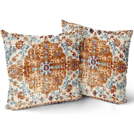 Terracotta Yellow Blue Ethnic Boho Throw Pillow Covers 18x18 In Bohemian Carpet Vintage Mustard Orange Grey Floral Decorative Pillows Farmhouse Accent Home Decor For Bedroom Couch Sofa Porch Set Of 2