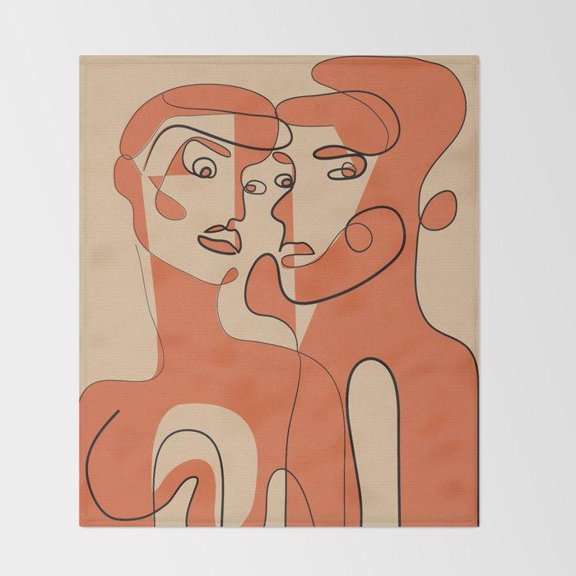Terracotta and Beige Overlapping Faces Fleece Blanket, Polyester Fleece Fabric, 280 GSM, Continuous Line Style
