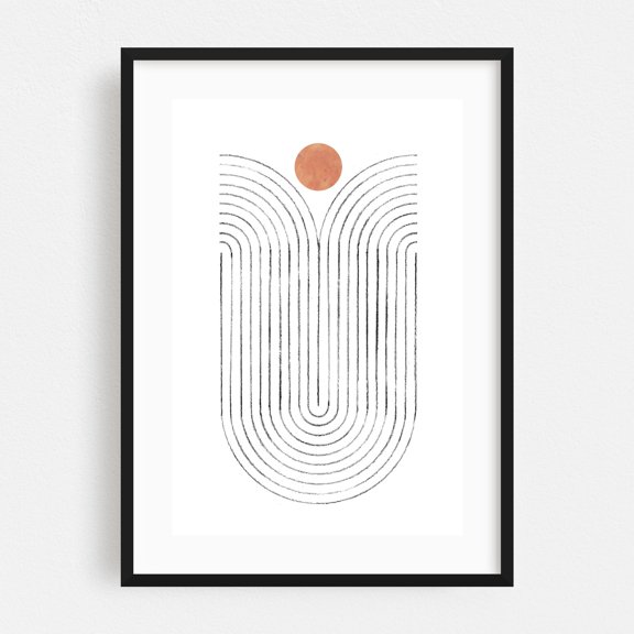Terracotta circle and curved lines - Line Drawing Abstract Minimalist Geometric Modern Art Line Art Boho Pattern Black Framed Wall Art Print 24 x 36 inches