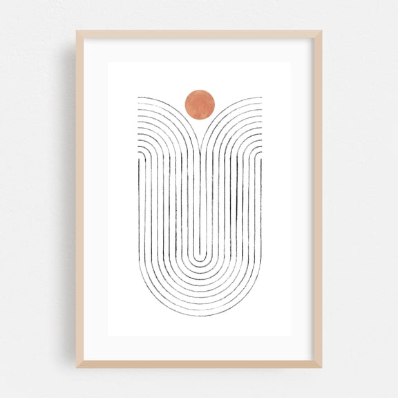 Terracotta circle and curved lines - Line Drawing Abstract Minimalist Geometric Modern Art Line Art Boho Pattern Oak Framed Wall Art Print 5 x 7 inches