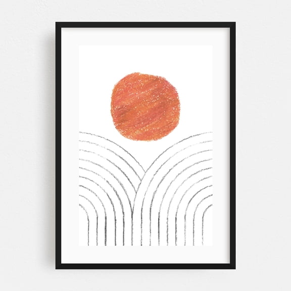 Terracotta sun and arches - Drawing Abstract Minimalist Geometric Modern Art Sunset Line Art Boho Black Framed Wall Art Print 24 x 36 inches