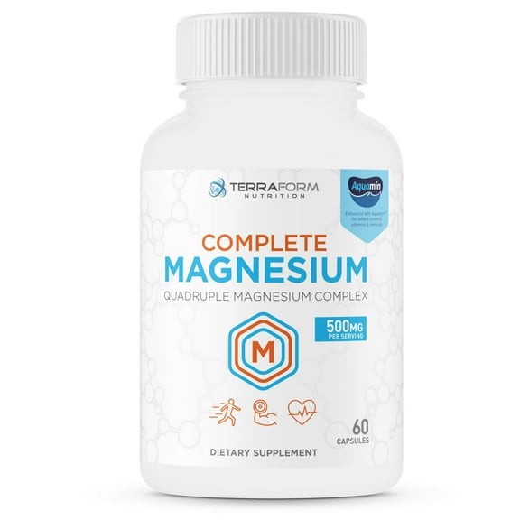 Terraform Nutrition Complete Magnesium Complex - 4 Forms of Magnesium (Glycinate, Malate, Oxide & Citrate) Plus Aquamin for Support of Muscles, Sleep, Energy & Relaxation - 60 Capsules