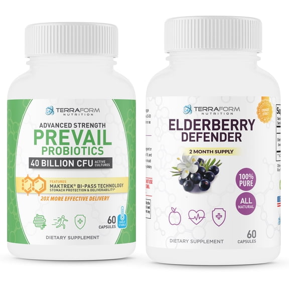 Terraform Nutrition Prevail Probiotics  40 Billion CFU and Elderberry Defender - 60 Capsules Immunity Boosting Supplement Stack