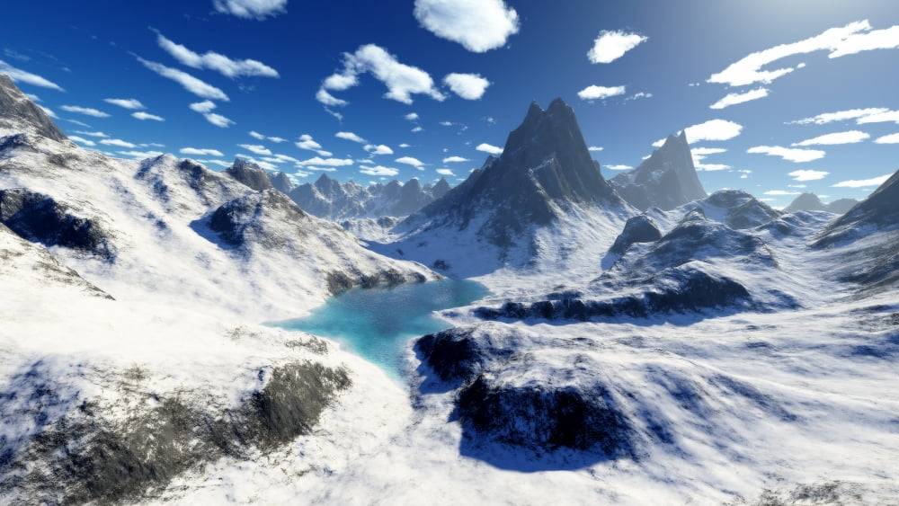 Terragen render of an imaginary mountain lake Canvas Art - Rhys TaylorStocktrek Images (19 x 11)