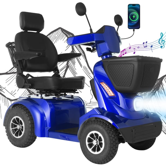 All Terrain 1000W Electric Mobility Scooter for Adults& Seniors - 500LBS Load & 32 Miles Range Powerd Wheelchair Device w/Off-Road Absorber, Bluetooth Speaker, Dual Baskets, LED Light System
