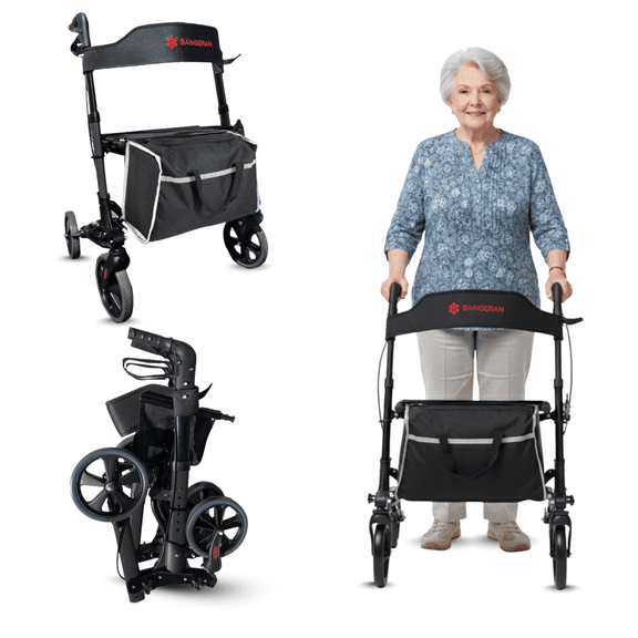 All Terrain 4 Wheel Foldable Lightweight Outdoor Rollator Walker with Ergonomic Seat - 18 lbs Compact Rolling Walkers for Seniors, Adults & Elderly - Dark Gray