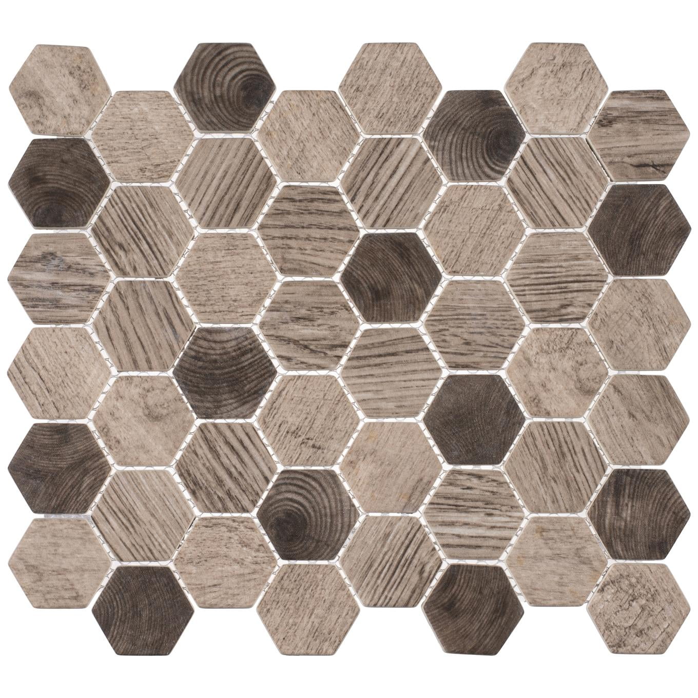 Terrain Oslos Brown 2-in. Honeycomb Wood Look Matte Glass Mosaic Wall & Floor Tile