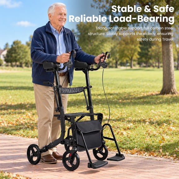 All Terrain Upright Walker with Flat-Free Solid Rubber Tires,Outdoor Stand Up Walker for Seniors,Tall Standing Rollator with Seat,450 lb Capacity,22 lbs Lightweight,Foldable Footrest(Blue)