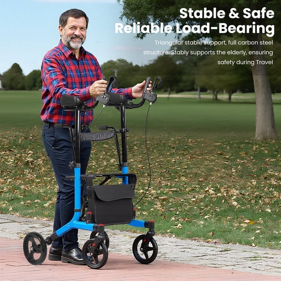 All Terrain Upright Walker with Flat-Free Solid Rubber Tires,Outdoor Stand Up Walker for Seniors,Tall Standing Rollator with Seat,450 lb Capacity,22 lbs Lightweight,Foldable Footrest(Blue)