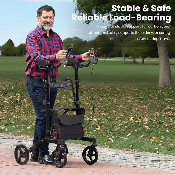 All Terrain Upright Walker with Flat-Free Solid Rubber Tires,Outdoor Stand Up Walker for Seniors,Tall Standing Rollator with Seat,450 lb Capacity,22 lbs Lightweight,Foldable Footrest(Blue)