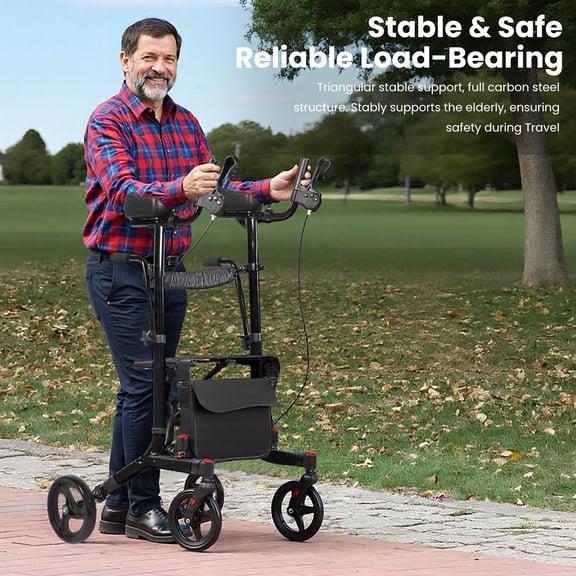 All Terrain Upright Walker with Flat-Free Solid Rubber Tires,Outdoor Stand Up Walker for Seniors,Tall Standing Rollator with Seat,450 lb Capacity,22 lbs Lightweight,Foldable Footrest(Blue)