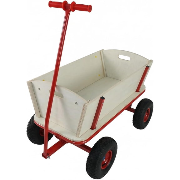 All Terrain Wooden Garden Wagon for Kids & Cargo, Classic Red Pulling Cart with Removable Wood Railing, Air Tires, Extra Long Handle for Beach Backyard Toy Hauling