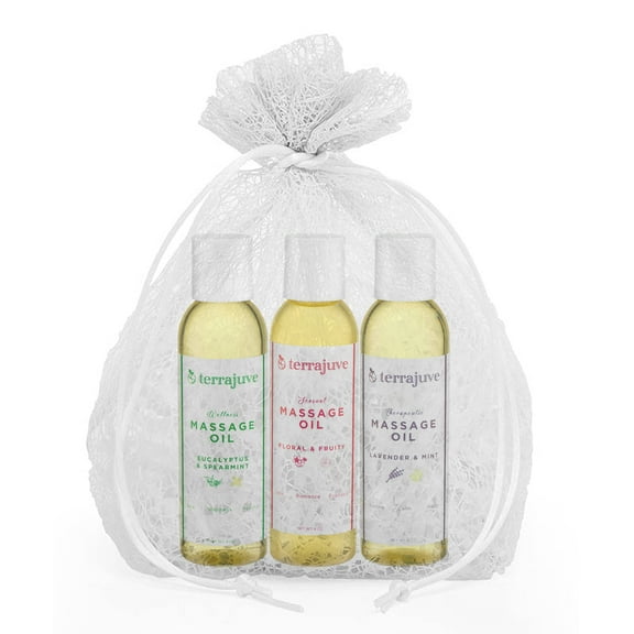 Terrajuve 3 Pack Aromatherapy Eucalyptus and Spearmint, Floral and Fruity, & Lavender and Mint Massage Oils Set Wrapped in Organza Bag, Pure, Organic, All Natural, Made in USA 4 Oz Each