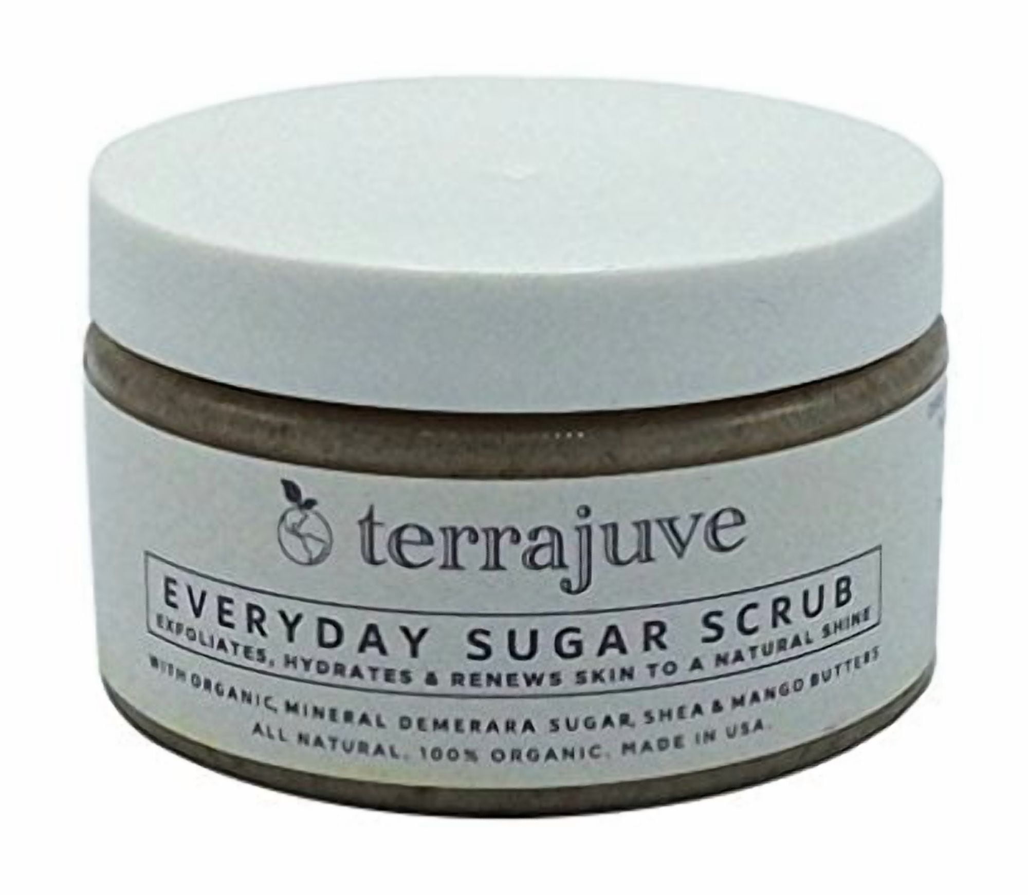 Terrajuve Sugar Scrub Made of Demerara Sugar and Enriched with Raw Shea Butter Exfoliating Body and Face Scrub Hydrates, and Renews Skin to a Natural Shine Pure, Organic, Made in USA (4 Oz)
