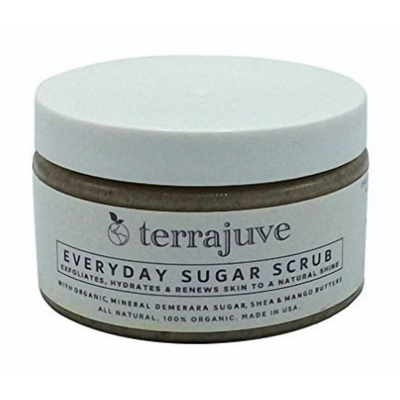 Terrajuve Sugar Scrub Made of Demerara Sugar and Enriched with Raw Shea Butter Exfoliating Body and Face Scrub Hydrates, and Renews Skin to a Natural Shine Pure, Organic, Made in USA (4 Oz)