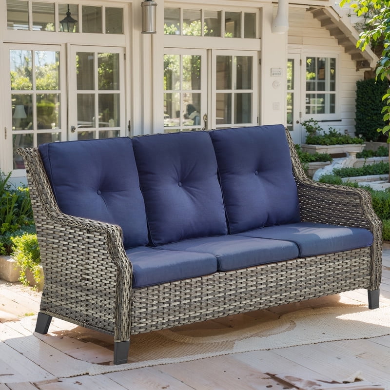 Terraloom 3-Seat Patio Wicker Sofa Outdoor Rattan Couch Furniture Steel Frame with High Back Blue Cushion