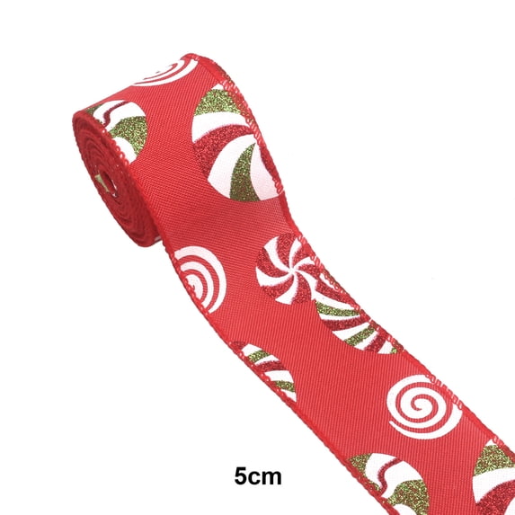 Terraloom Christmas Wired Ribbon, Red Peppermint Candy Glitter Christmas Ribbon Wired, Polyester Wired‑Edge Decorative Fabric Ribbon for Wreath Bow Garland Xmas Tree Ornament & Gift Wrapping