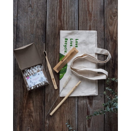 Terramavi No-Plastic Sustainable Travel Kit - Switch from Plastic to Bamboo Essentials in One Easy Set - Includes Toothbrush, Comb, Cotton Swabs, Straw, Cleaner Brush & Natural Cotton Tote Bag.