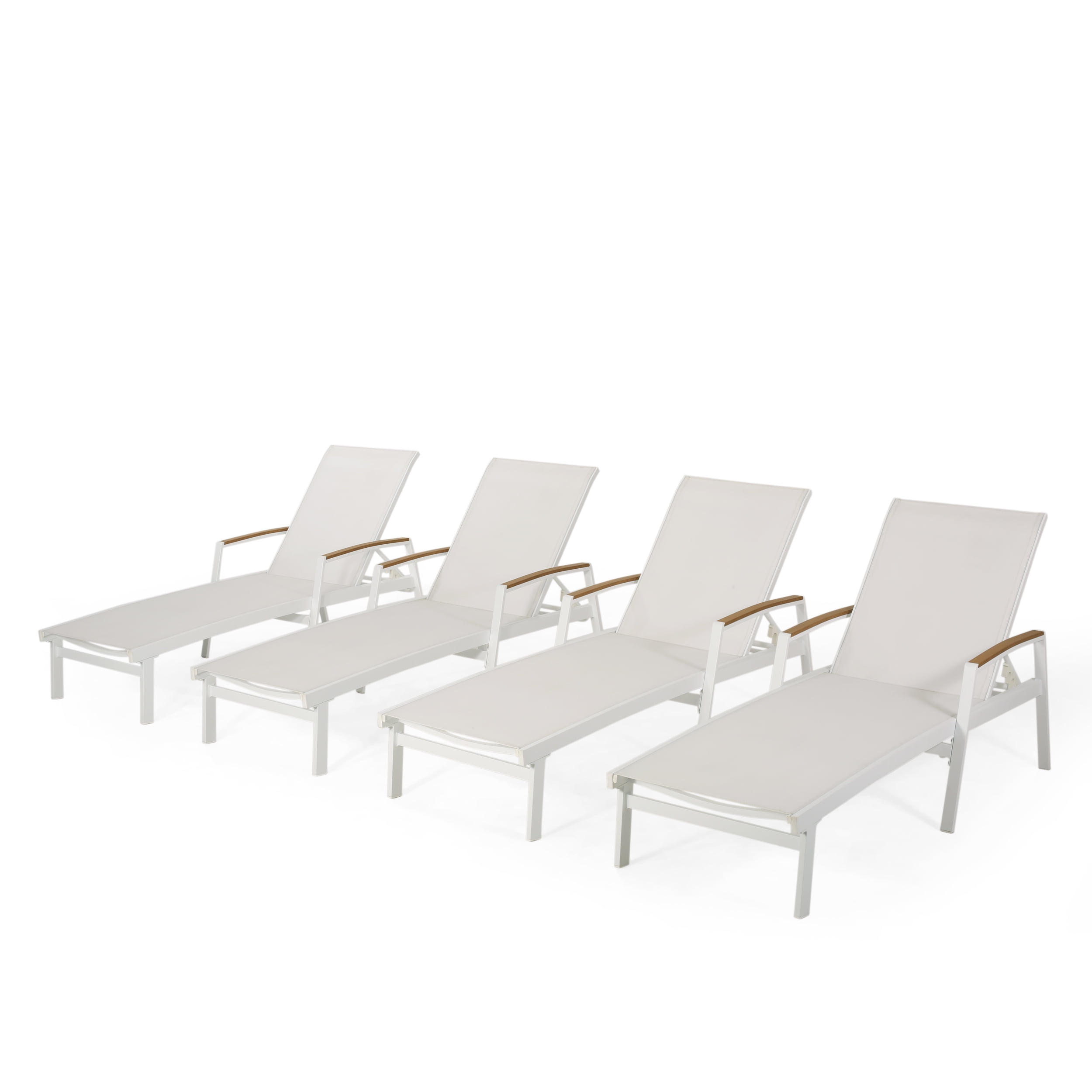 White Aluminum and Mesh Adjustable Outdoor Chaise Lounge Set with Arms