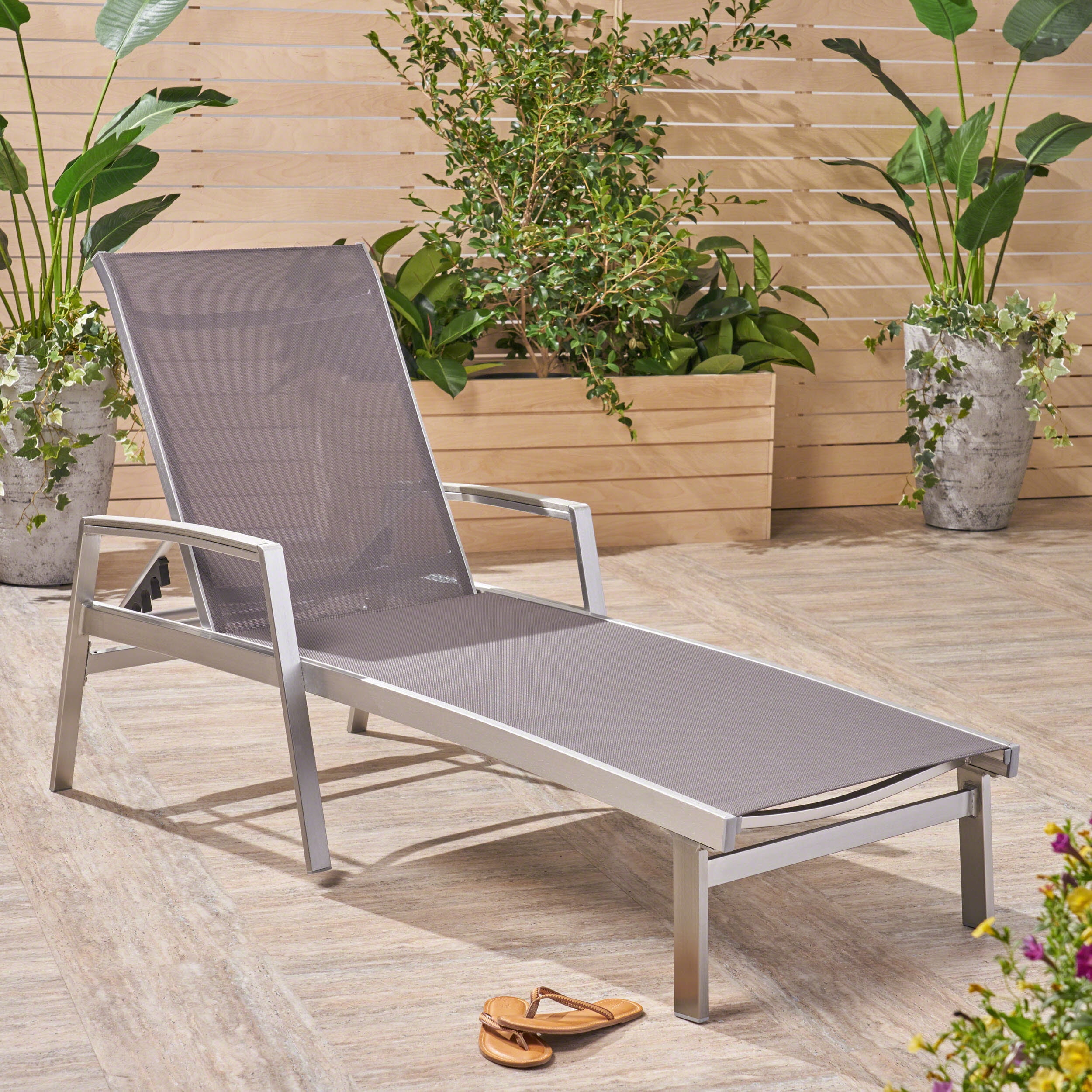 Terrance Outdoor Mesh and Aluminum Chaise Lounge, Gray