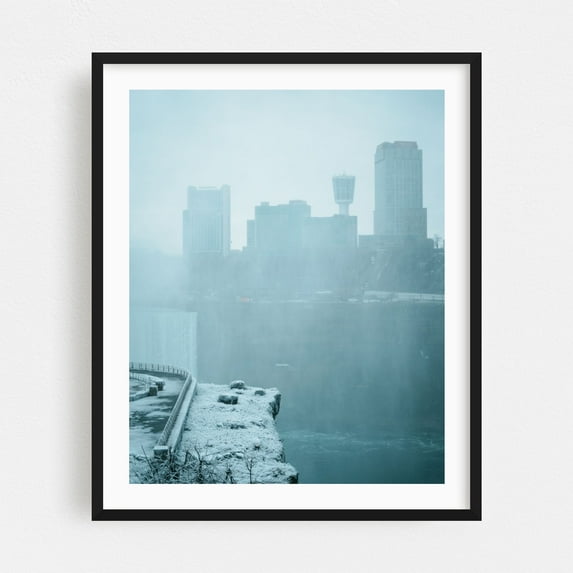 Terrapin Point, Niagara Falls 05 - Niagara Falls New York Photography Winter Snow Waterfall City Skyline Architecture Scenic Black Framed Wall Art Print 12 x 16 inches