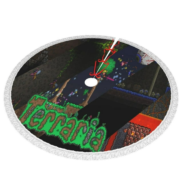 Terraria Christmas Tree Skirt with Tassel Thickened Xmas Tree Base Cover for Decorations Holiday Party