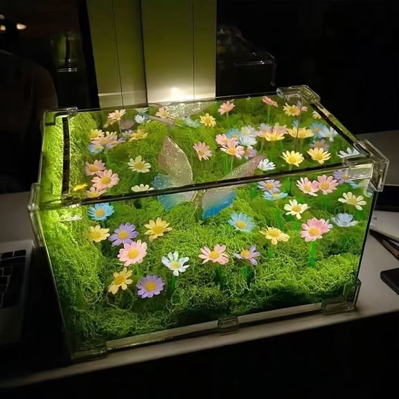 Terrarium LED Night Light Butterfly Garden Glass Box Ambient Lamp Realistic Mini Floral Display USB Powered Desk Decor Bedroom Reading Corner Home Office Mood Lighting Gift Decorative Accent Display