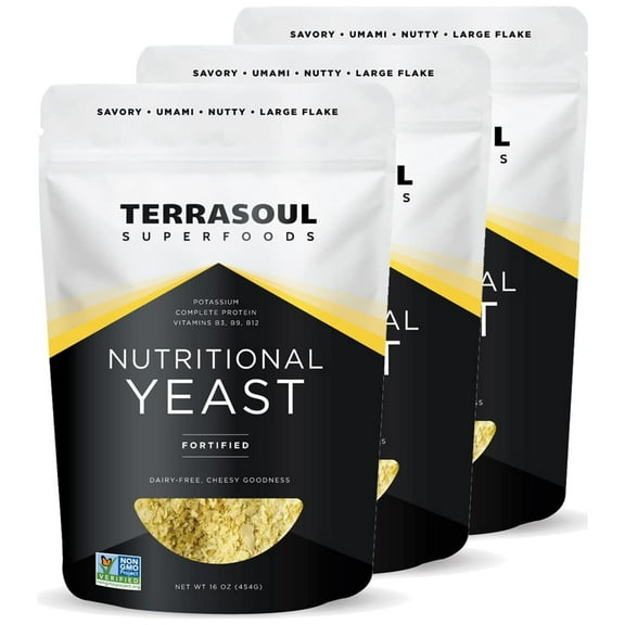 Terrasoul Superfoods Nutritional Yeast Flakes, 3 Lbs (1 Lb 3-Pack) - Fortified, Savory Superfood for Vegan Cheese, Seasoning, and Plant-Based Protein Boost