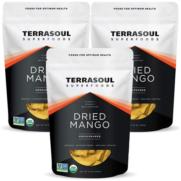 Terrasoul Superfoods Organic Dried Mango Slices, 3 Lbs (1 Lb 3-Pack) - Naturally Sweet & Tart | No-Added Sugar | Healthy Prebiotic