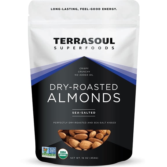 Terrasoul Superfoods Organic Dry-Roasted & Lightly Salted Almonds, 1 Lb - Resealable Pouch - Perfect for Snacking, Baking, and On-the-Go Fuel