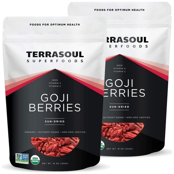 Terrasoul Superfoods Organic Goji Berries, Sun-Dried, 2 Lbs (1 Lb 2-pack) - Large Size | Chewy Texture