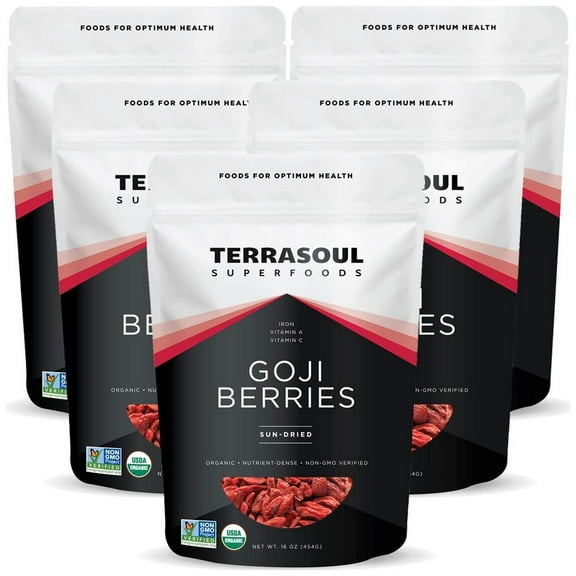 Terrasoul Superfoods Organic Goji Berries, Sun-Dried, 5 Lbs (1 Lb 5-pack) - Large Size | Chewy Texture