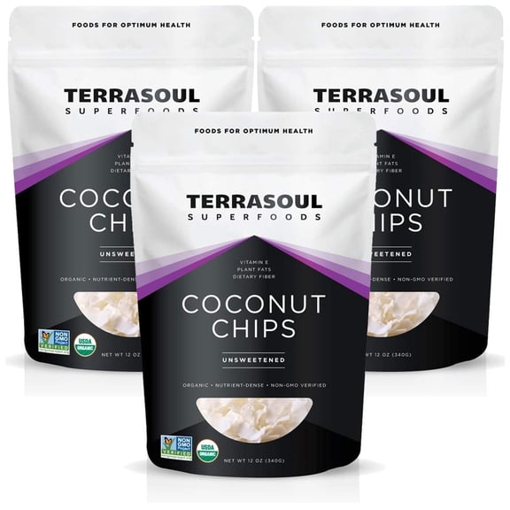 Terrasoul Superfoods Organic Raw Coconut Chips, 2.25 Lbs (12 Oz 3-Pack)