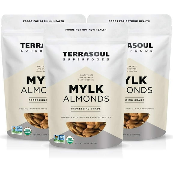 Terrasoul Superfoods Organic Raw Unpasteurized Almonds (Mylk Grade), 6 Lbs (2 Lbs 3-Pack)
