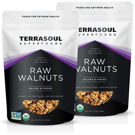 Terrasoul Superfoods Organic Raw Walnuts, 2 Lbs (1 Lb 2-Pack) - Chandler Variety | Fresh | Light Color