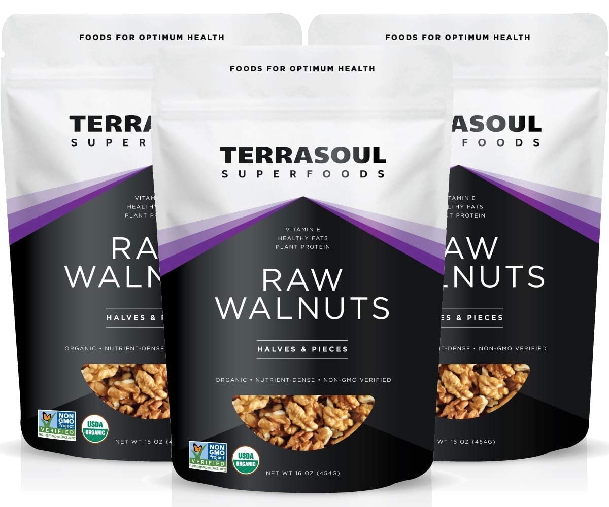 Terrasoul Superfoods Organic Raw Walnuts, 3 Lb (1 Lb 3-Pack) - Chandler Variety | Fresh | Light Color