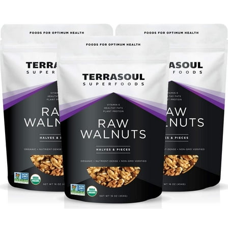 Terrasoul Superfoods Organic Raw Walnuts, 3 Lb (1 Lb 3-Pack) - Chandler Variety | Fresh | Light Color