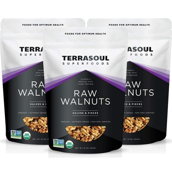 Terrasoul Superfoods Organic Raw Walnuts, 3 Lb (1 Lb 3-Pack) - Chandler Variety | Fresh | Light Color