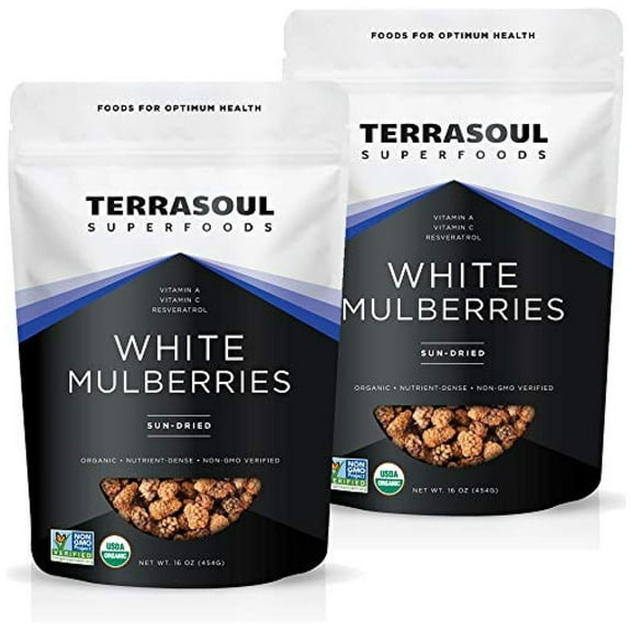 Terrasoul Superfoods Organic Sun-dried White Mulberries, 2 Lbs (1 Lb 2-Pack) - Sweet Superfood Snacking, Smoothie Booster, and Nutrient-Packed Yogurt Topping