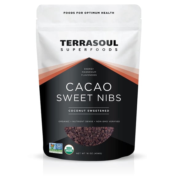 Terrasoul Superfoods Organic Sweet Cacao Nibs, 1 Lb - Coconut Sugar Sweetened | Antioxidants | Magnesium