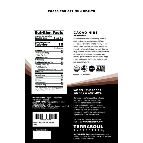 Terrasoul Superfoods Raw TWE5Organic Cacao Nibs, 16 Oz, Superfood Crunch for Smoothie Bowls, Nut Butter Spreads, Oatmeal and DIY Chocolate Creations