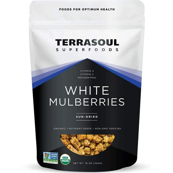 Terrasoul Superfoods Organic White Mulberries, Sun-Dried, 1 Lb - Sweet Superfood Snacking, Smoothie Booster, and Nutrient-Packed Yogurt Topping