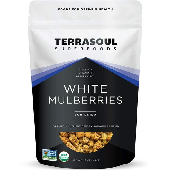 Terrasoul Superfoods Organic White Mulberries, Sun-Dried, 1 Lb - Sweet Superfood Snacking, Smoothie Booster, and Nutrient-Packed Yogurt Topping