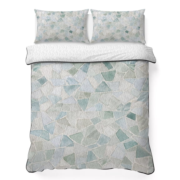 Terrazzo Background 3 Piece Quilt Bedding Set with 2 Pillow Shams, Modern Abstract Teal Blue Lines Checkered Lightweight Bedspread Coverlet, Soft Breathable All Season Quilt, 96 x 106 Inch