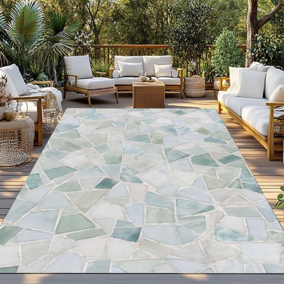 Terrazzo Background Indoor Outdoor Rugs 3x5 Ft, Modern Abstract Teal Blue Lines Checkered Outdoor Patio Rugs Mat Washable Outside Area Rugs Carpet for Porch Deck RV Camping Pool Balcony Backyard